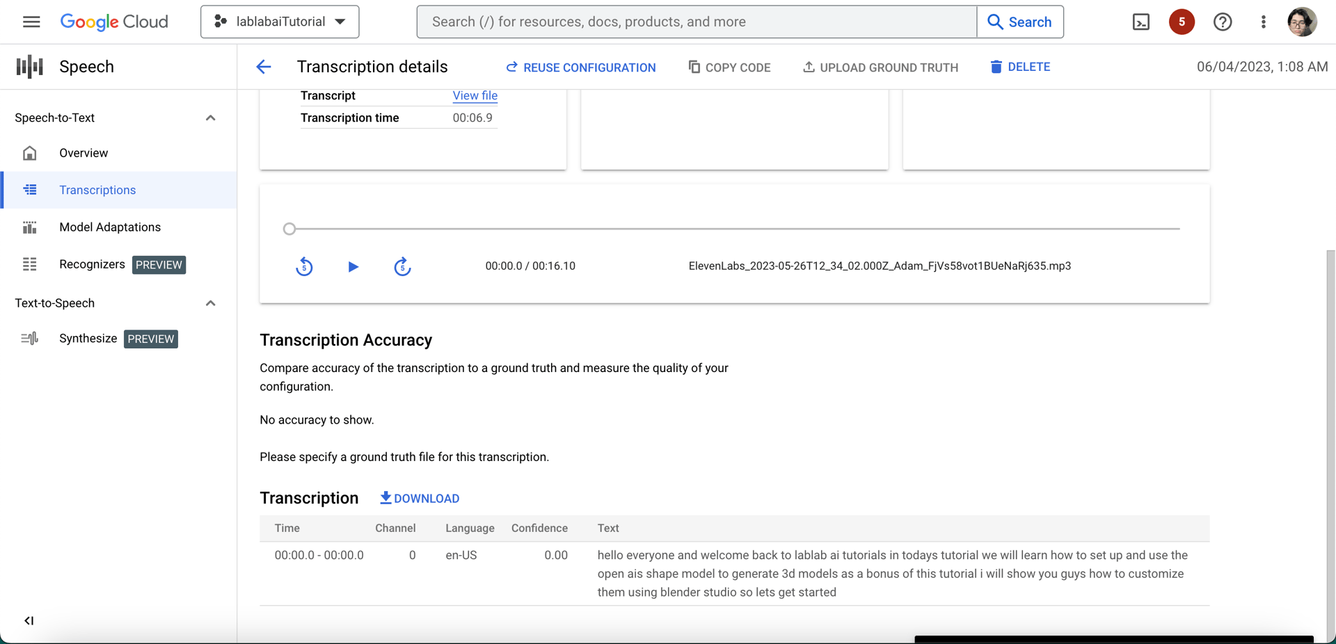 Google Cloud console transcription results