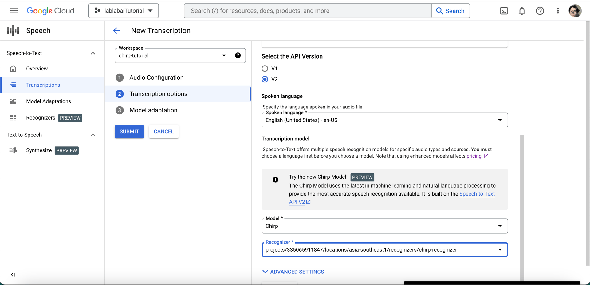 Google Cloud console transcription options