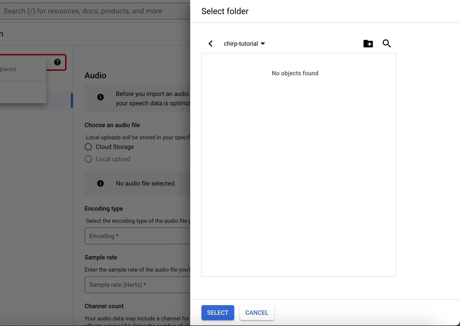 Google Cloud console Bucket selection